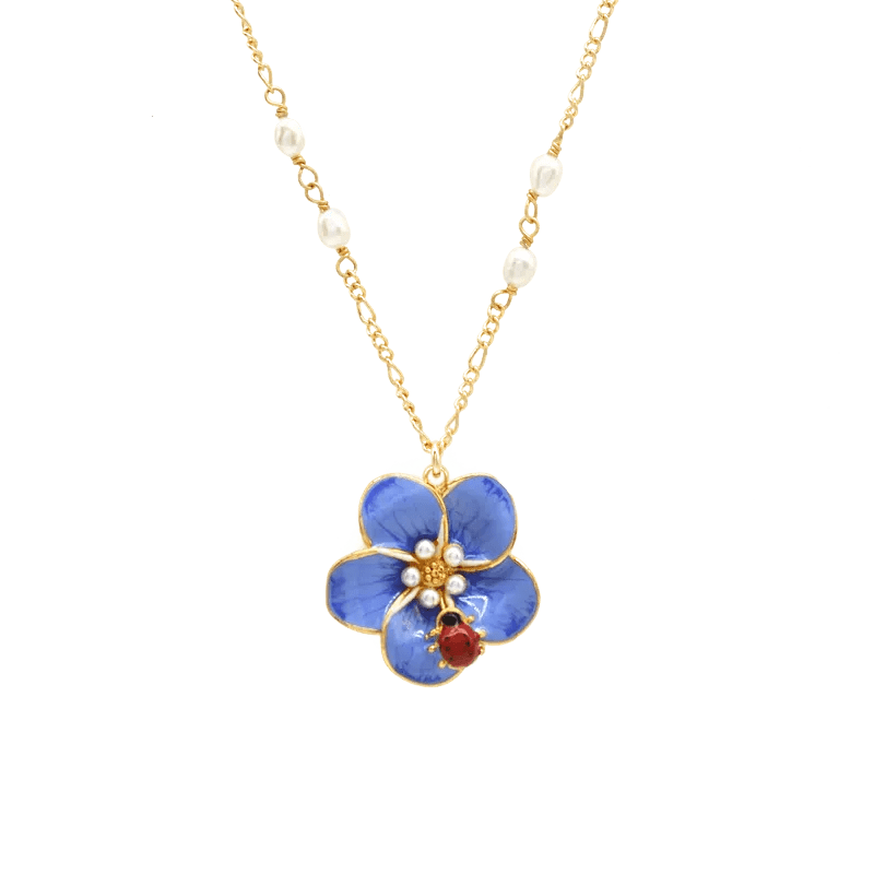 Forget me not Flower and Red Beetle charm Necklace - SAHI London | Handcrafted Jewellery Handbags & T-shirt Fashion