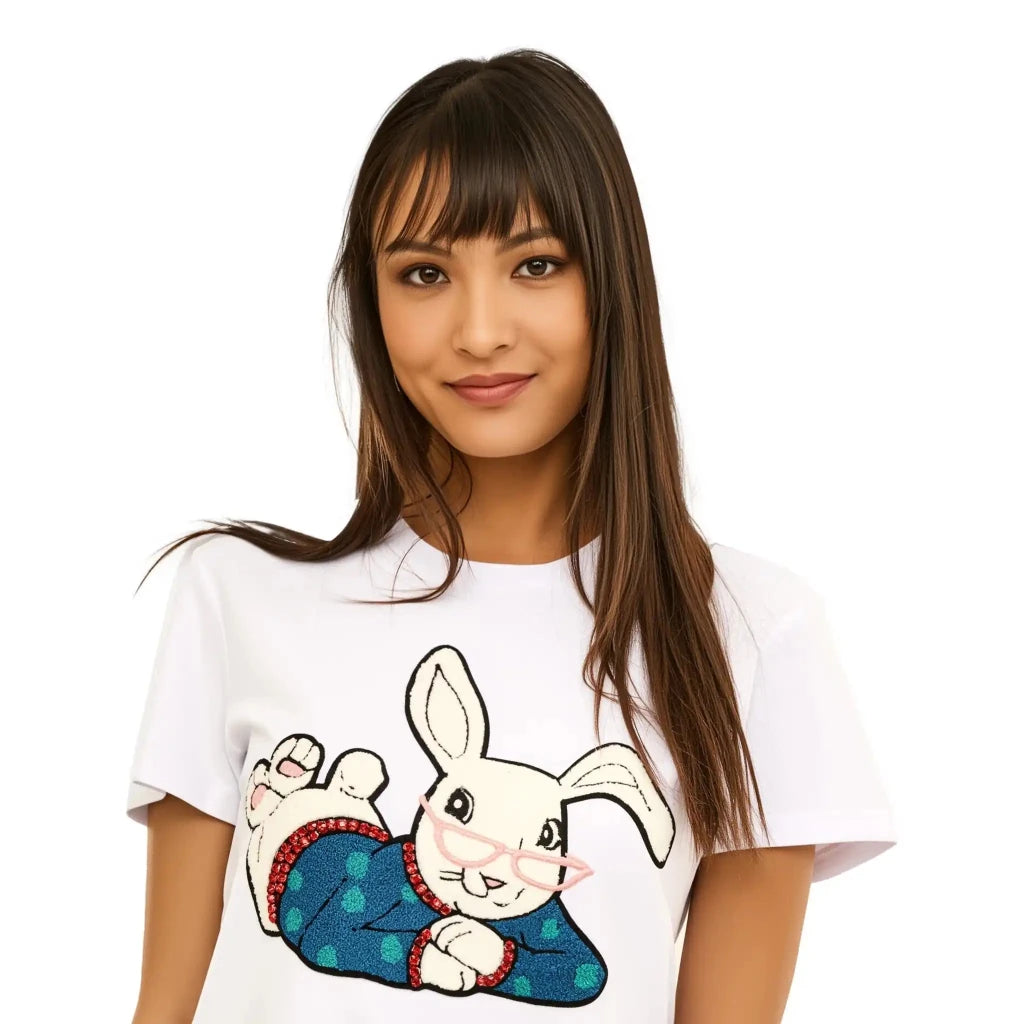 Cotton Rabbit Printed & Embroidered T-Shirt - SAHI London | Handcrafted Jewellery Handbags & T-shirt Fashion