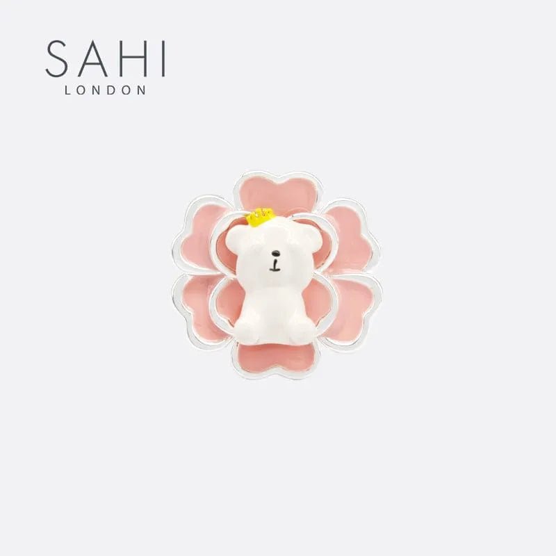 Rhodium Plated Enameled Round Camellia Bear Ring - SAHI London | Handcrafted Jewellery Handbags & T-shirt Fashion