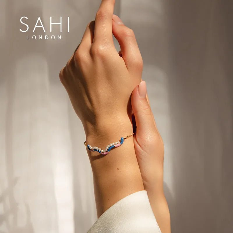 Fantasy Chain & Link Pearl and Enamel Bracelet - SAHI London | Handcrafted Jewellery Handbags & T-shirt Fashion