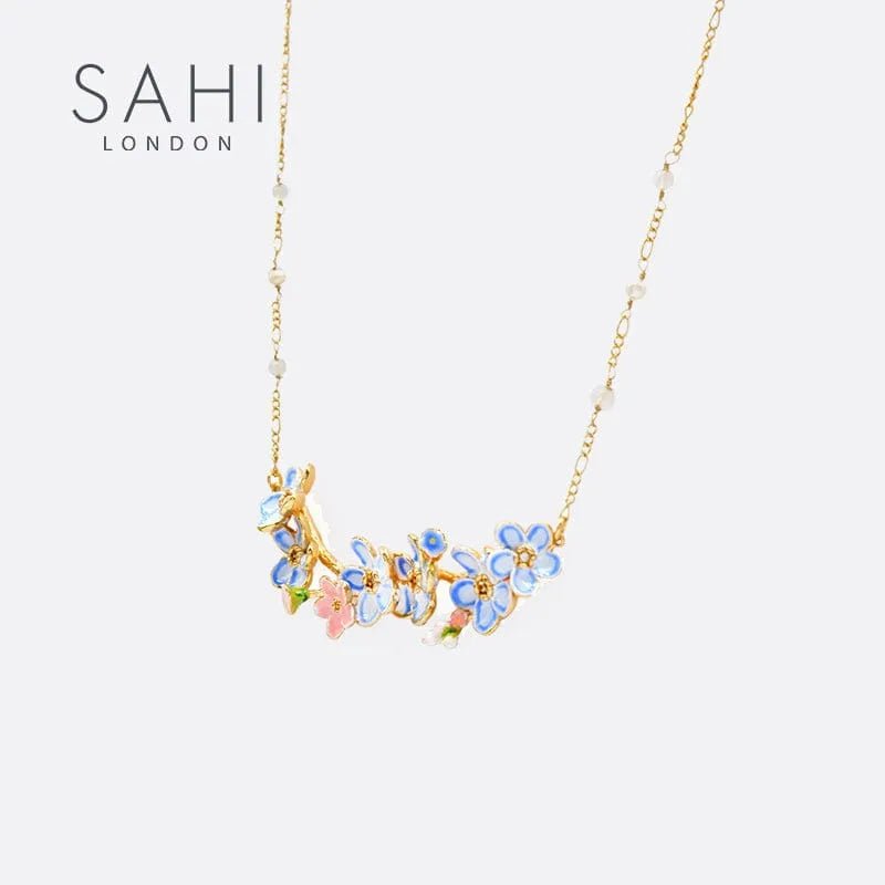 Forget me not Flower Enameled Pearl Enamel Necklace - SAHI London | Handcrafted Jewellery Handbags & T-shirt Fashion