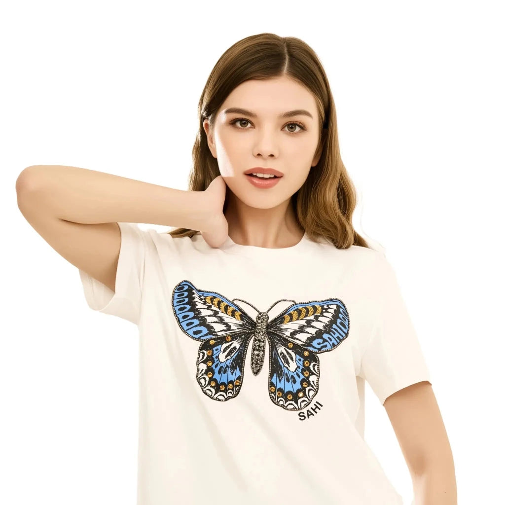 Cotton Butterfly Printed & Embroidered T-Shirt - SAHI London | Handcrafted Jewellery Handbags & T-shirt Fashion
