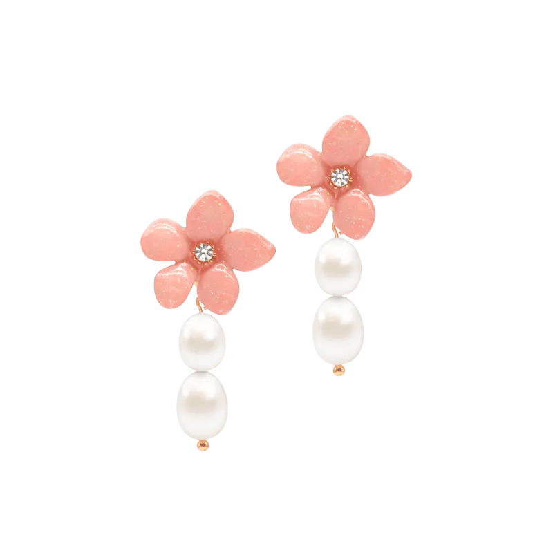 Lilys Peach Flower Pearl Drop Dangle Enamel Earrings - SAHI London | Handcrafted Jewellery Handbags & T-shirt Fashion