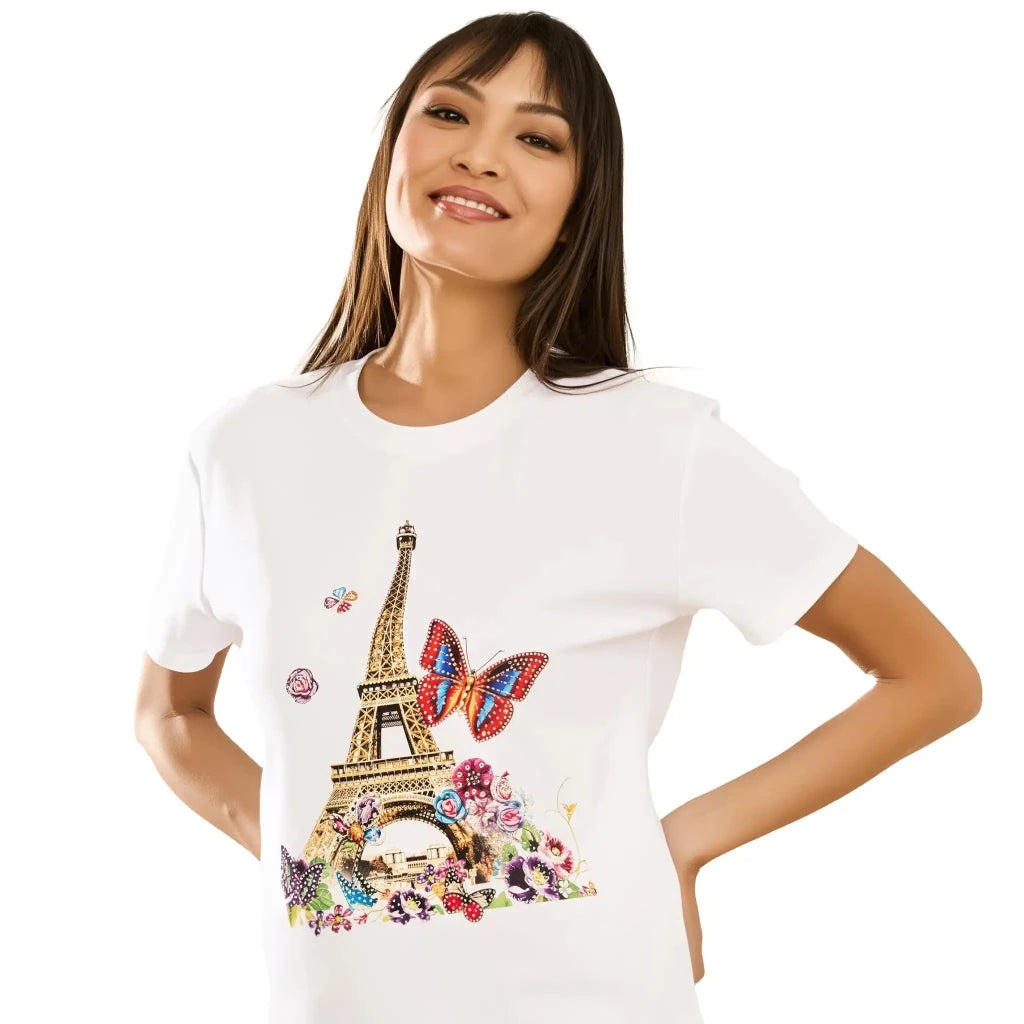 Cotton Eiffel Tower Printed & Embroidered T-Shirt - SAHI London | Handcrafted Jewellery Handbags & T-shirt Fashion