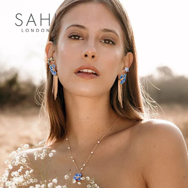 Gold Enameled Flower Blue - Violet Tassels Drop Enamel Earrings - SAHI London | Handcrafted Jewellery Handbags & T-shirt Fashion