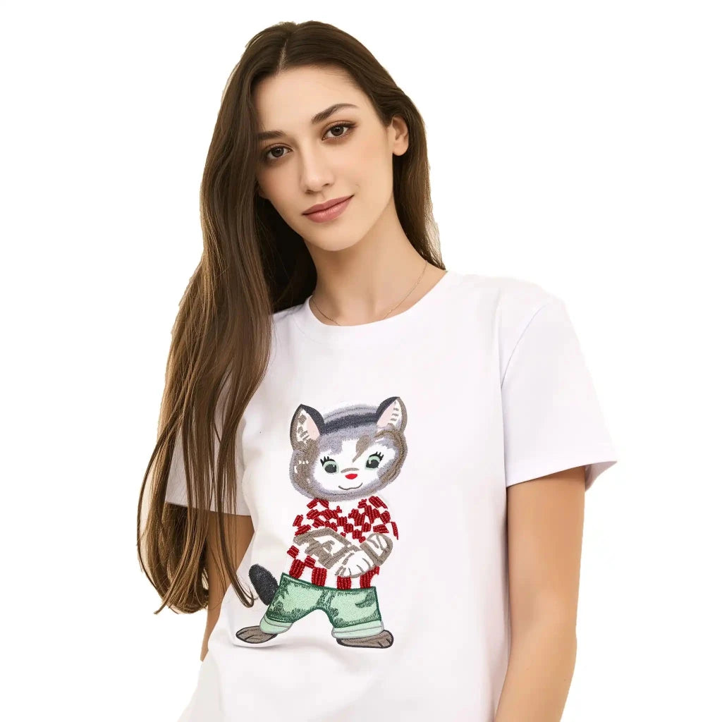 Cotton Embroidered with Beads & Thread Cat T-Shirt - SAHI London | Handcrafted Jewellery Handbags & T-shirt Fashion
