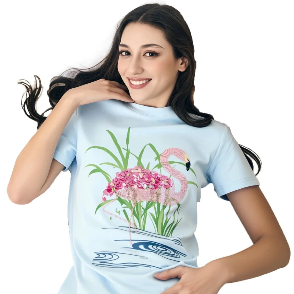 Cotton Flamingo Printed & Embroidered T-Shirt - SAHI London | Handcrafted Jewellery Handbags & T-shirt Fashion