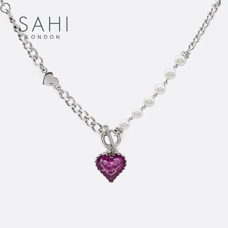 With Love Heart Enameled Pearl Chain & Link Bracelet - SAHI London | Handcrafted Jewellery Handbags & T-shirt Fashion