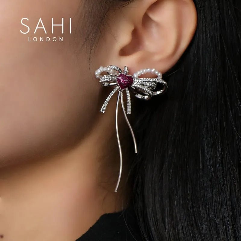 With Love Heart Enamel Bow Stud Drop Earrings - SAHI London | Handcrafted Jewellery Handbags & T-shirt Fashion