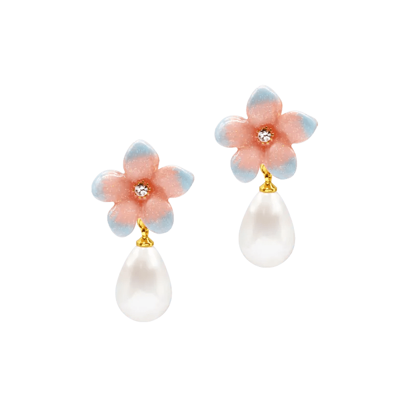 Lily Flower Pearl Drop Enamel Earrings - SAHI London | Handcrafted Jewellery Handbags & T-shirt Fashion