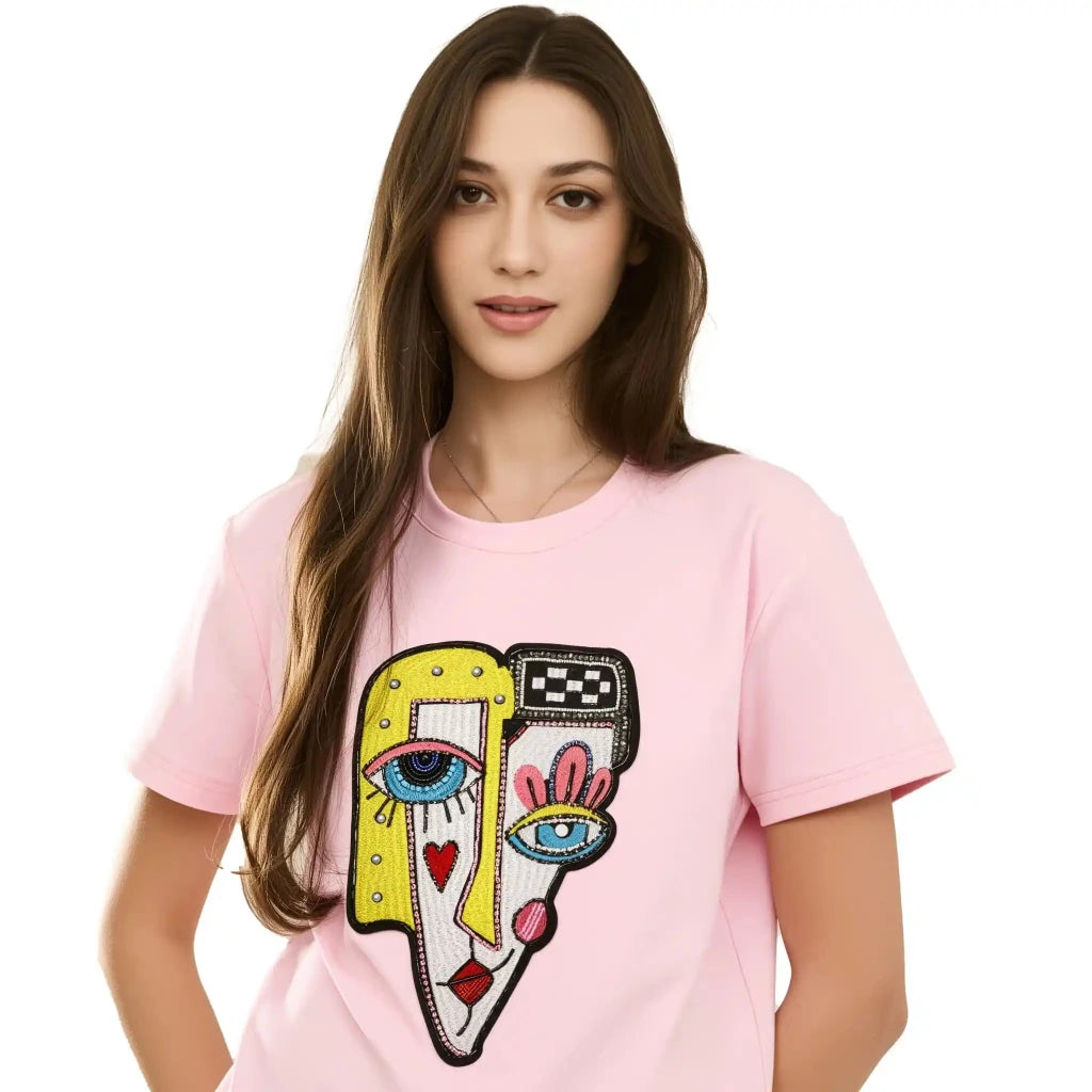 Face Printed & Sequence Embroidered T-Shirt - SAHI London | Handcrafted Jewellery Handbags & T-shirt Fashion