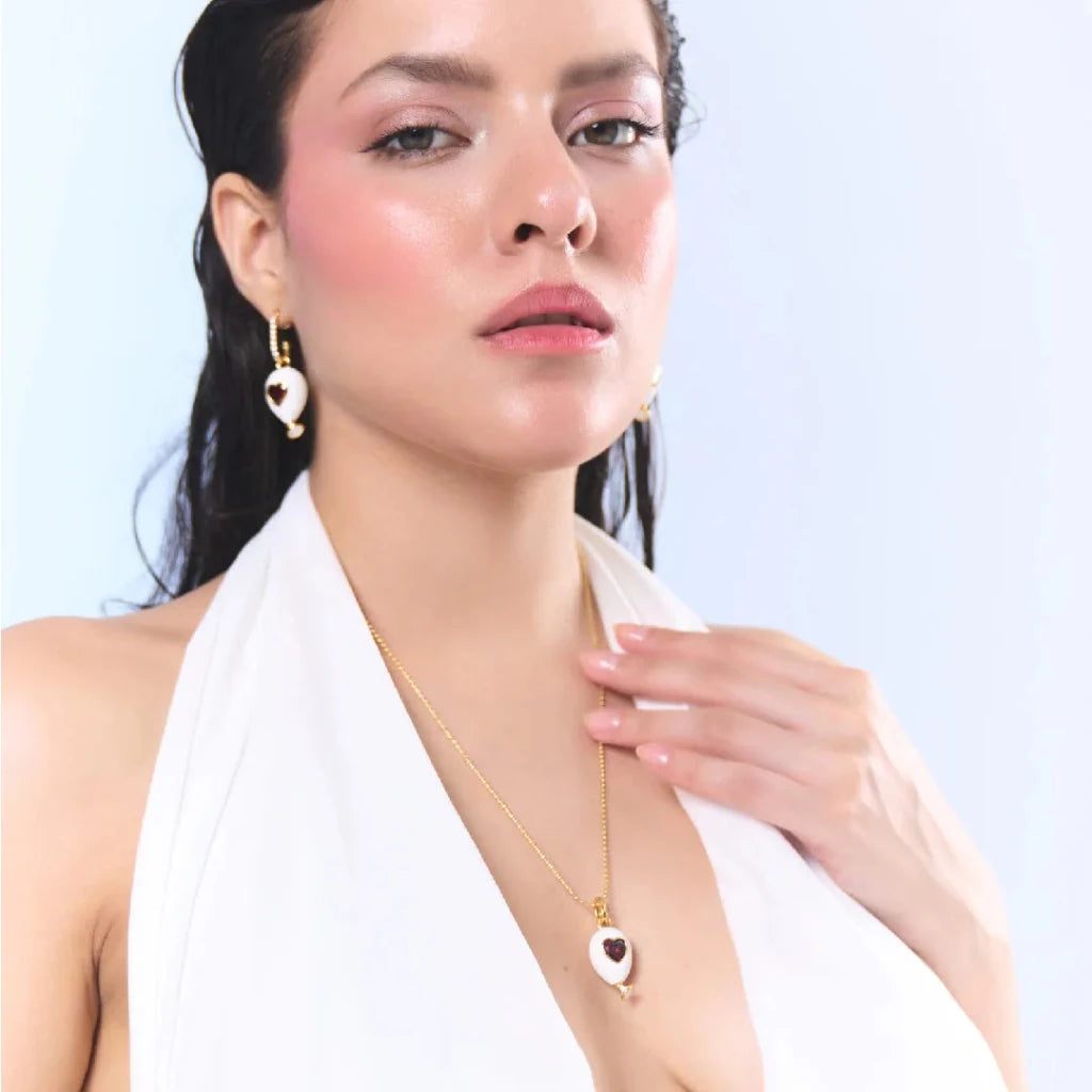 Age of Innocence Ruby Red Crystal Heart White Ballon Adjustable Necklace - SAHI London | Handcrafted Jewellery Handbags & T-shirt Fashion