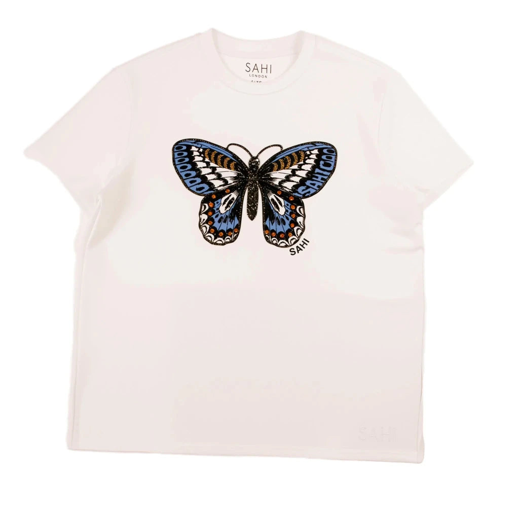 Cotton Butterfly Printed & Embroidered T-Shirt - SAHI London | Handcrafted Jewellery Handbags & T-shirt Fashion