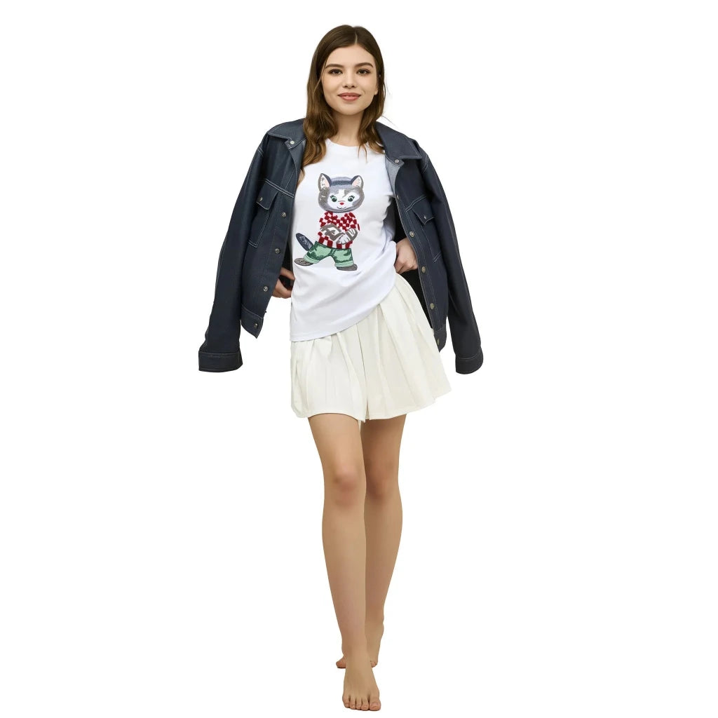 Cotton Cat Printed & Embroidered T-Shirt - SAHI London | Handcrafted Jewellery Handbags & T-shirt Fashion