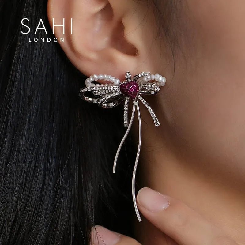 With Love Heart Enamel Bow Stud Drop Earrings - SAHI London | Handcrafted Jewellery Handbags & T-shirt Fashion