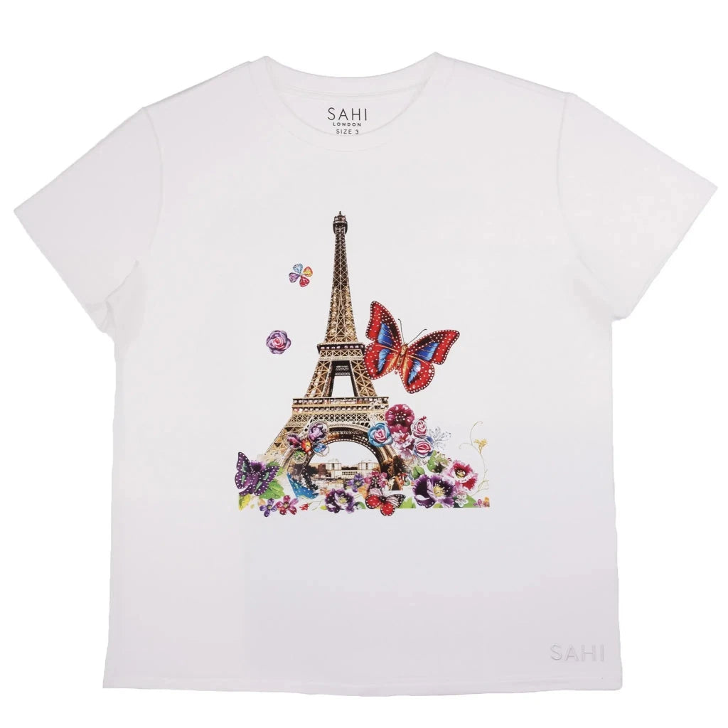 Cotton Eiffel Tower Printed & Embroidered T-Shirt - SAHI London | Handcrafted Jewellery Handbags & T-shirt Fashion