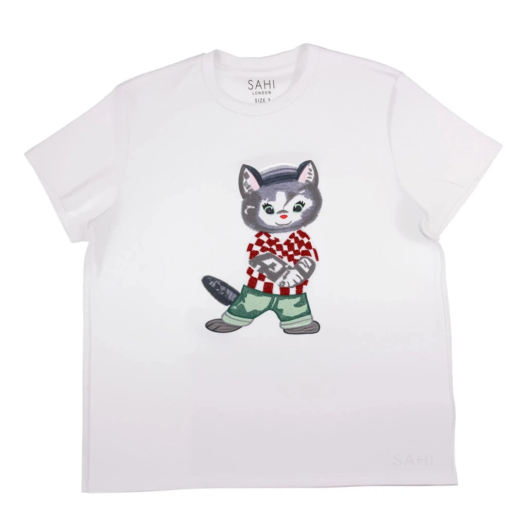 Cotton Embroidered with Beads & Thread Cat T-Shirt - SAHI London | Handcrafted Jewellery Handbags & T-shirt Fashion