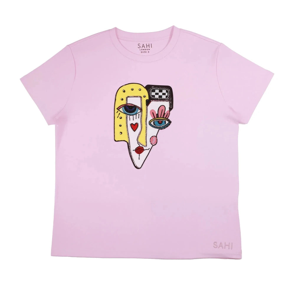 Face Printed & Sequence Embroidered T-Shirt - SAHI London | Handcrafted Jewellery Handbags & T-shirt Fashion