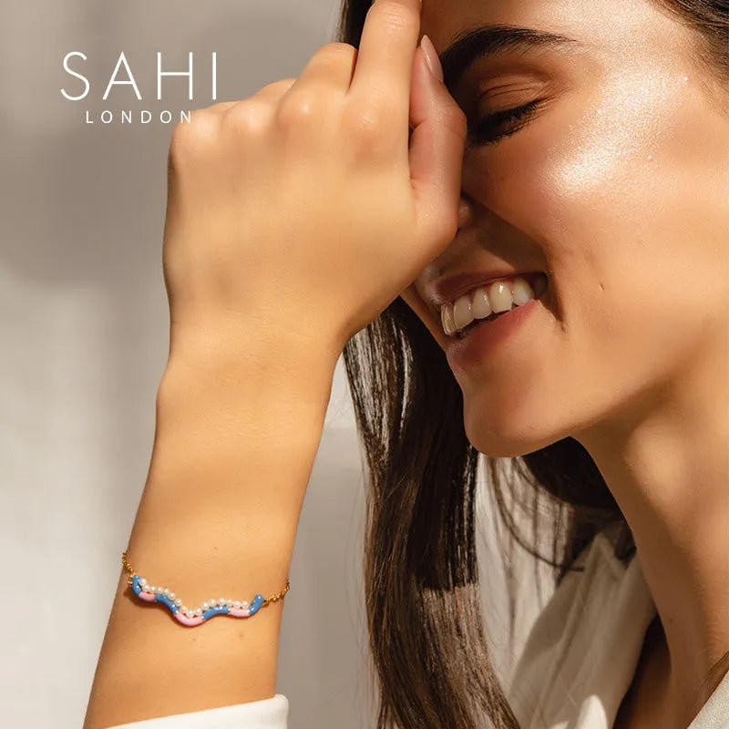 Fantasy Chain & Link Pearl and Enamel Bracelet - SAHI London | Handcrafted Jewellery Handbags & T-shirt Fashion