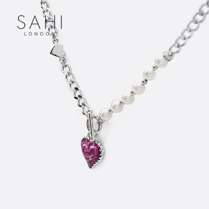 With Love Heart Enameled Pearl Chain & Link Bracelet - SAHI London | Handcrafted Jewellery Handbags & T-shirt Fashion