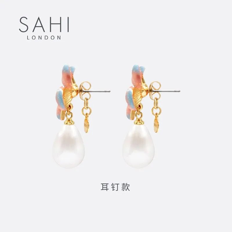 Lily Flower Pearl Drop Enamel Earrings - SAHI London | Handcrafted Jewellery Handbags & T-shirt Fashion