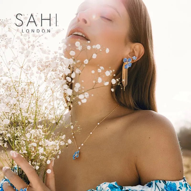 Gold Enameled Flower Blue - Violet Tassels Drop Enamel Earrings - SAHI London | Handcrafted Jewellery Handbags & T-shirt Fashion