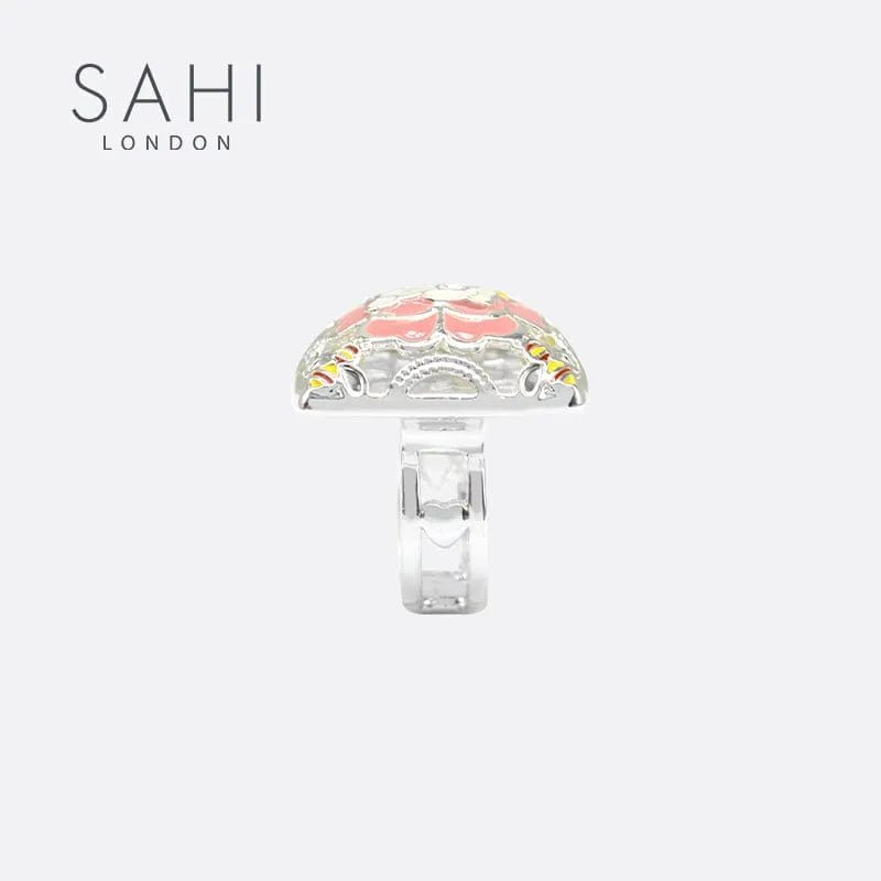 Rodium Plated Enameled Square Camellia Bear Ring - SAHI London | Handcrafted Jewellery Handbags & T-shirt Fashion