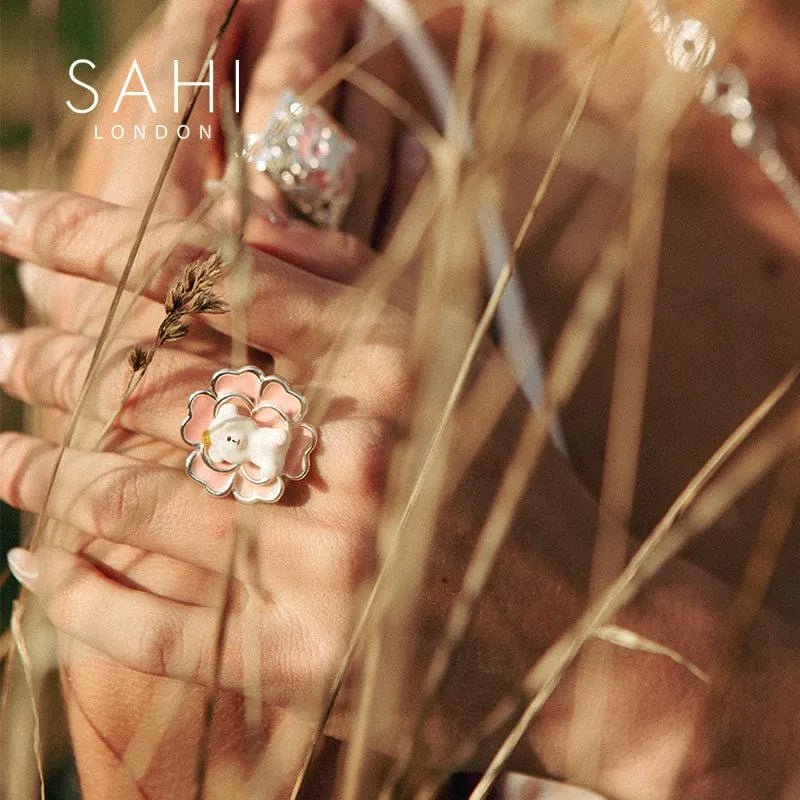 Rhodium Plated Enameled Round Camellia Bear Ring - SAHI London | Handcrafted Jewellery Handbags & T-shirt Fashion