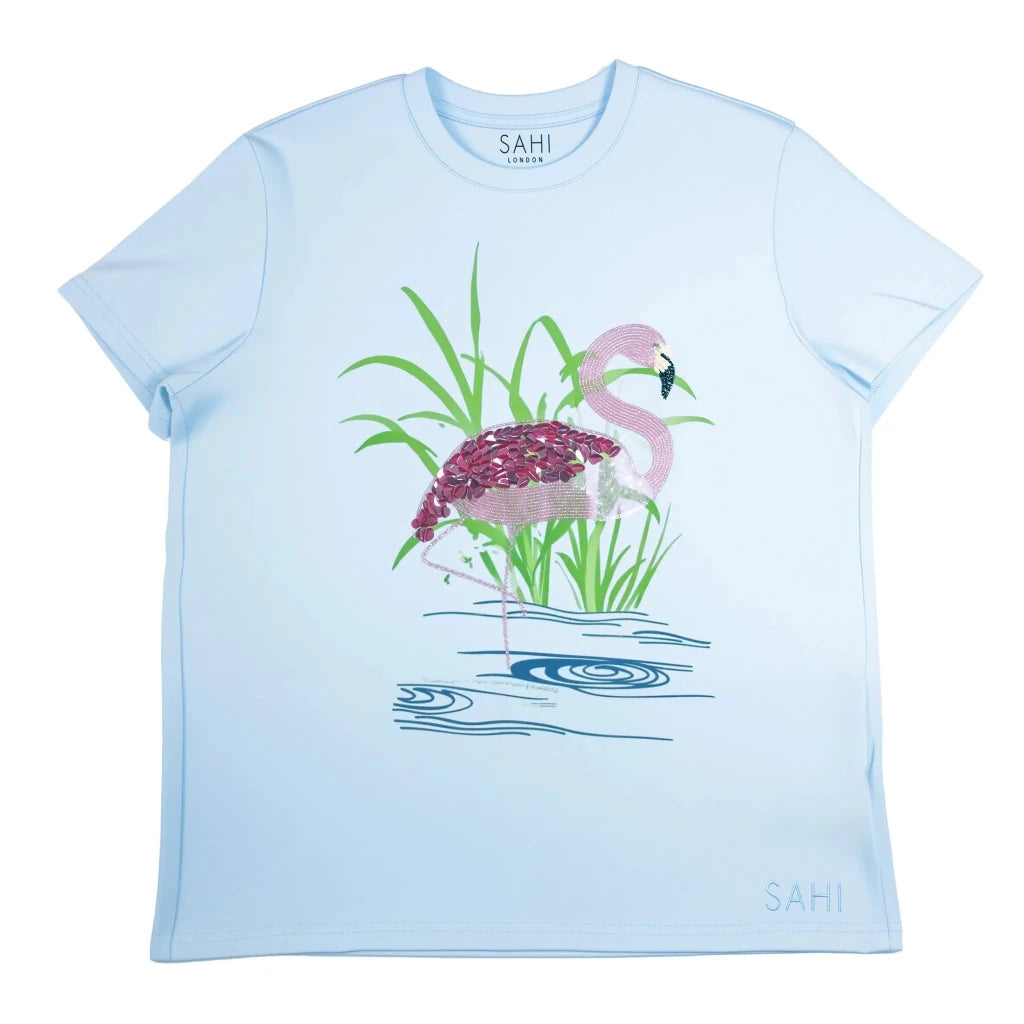 Cotton Flamingo Printed & Embroidered T-Shirt - SAHI London | Handcrafted Jewellery Handbags & T-shirt Fashion