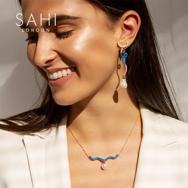 Fantasy Wave Pearl and Enamel Dangle Earrings - SAHI London | Handcrafted Jewellery Handbags & T-shirt Fashion