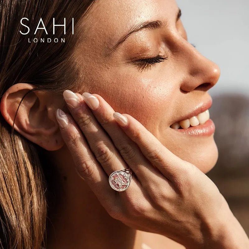 Rhodium plated Enameled Camellia Bear Ring with Size - SAHI London | Handcrafted Jewellery Handbags & T-shirt Fashion