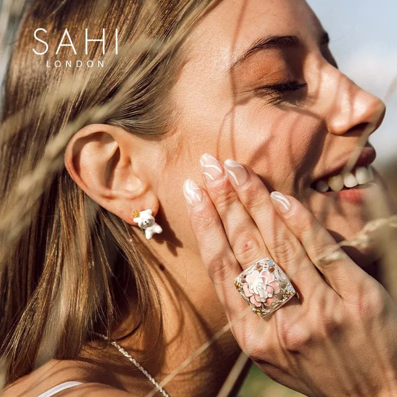 Rodium Plated Enameled Square Camellia Bear Ring - SAHI London | Handcrafted Jewellery Handbags & T-shirt Fashion