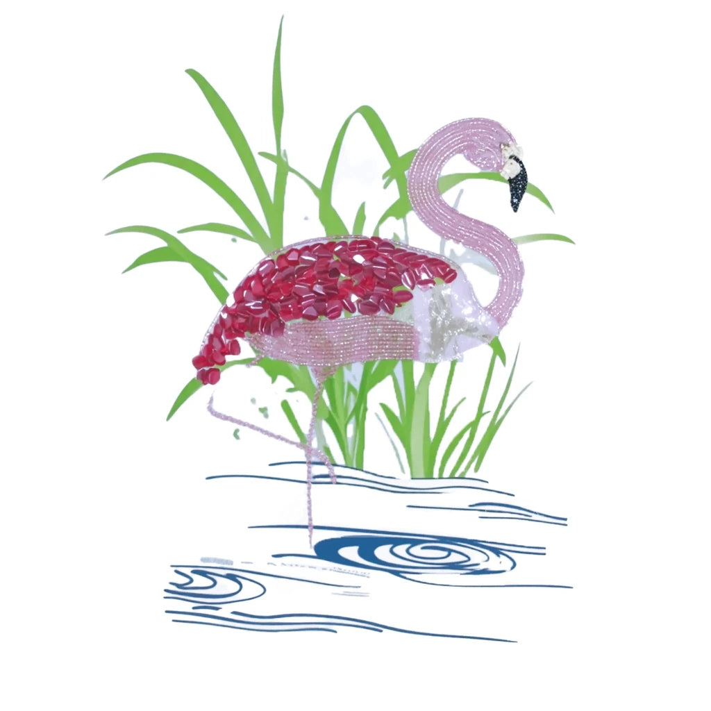 Cotton Flamingo Printed & Embroidered T-Shirt - SAHI London | Handcrafted Jewellery Handbags & T-shirt Fashion