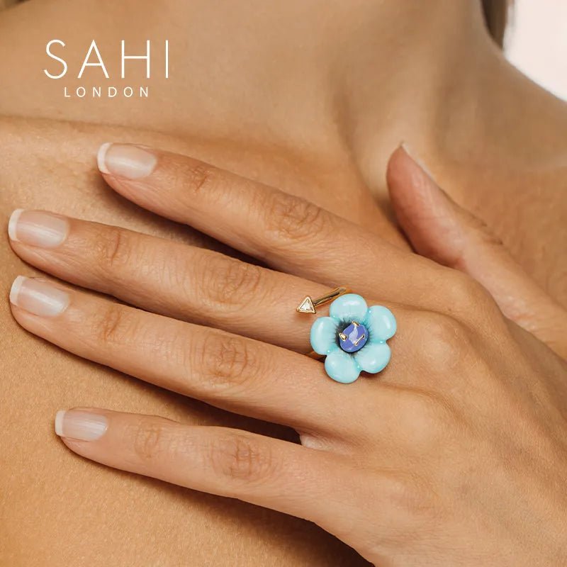 Monster Blue Flower Enamel Adjustable Ring - SAHI London | Handcrafted Jewellery Handbags & T-shirt Fashion