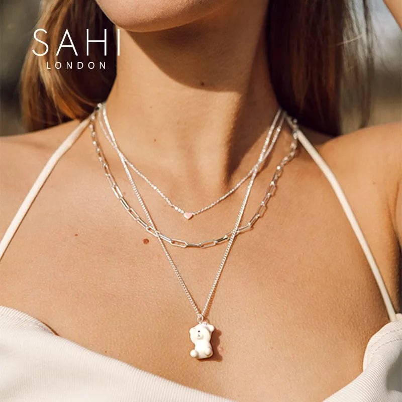 Stacked Chain Bear Pendant Charm Necklace - SAHI London | Handcrafted Jewellery Handbags & T-shirt Fashion