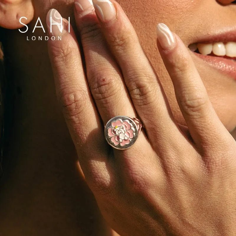 Rhodium plated Enameled Camellia Bear Ring with Size - SAHI London | Handcrafted Jewellery Handbags & T-shirt Fashion
