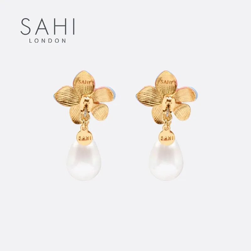 Lily Flower Pearl Drop Enamel Earrings - SAHI London | Handcrafted Jewellery Handbags & T-shirt Fashion