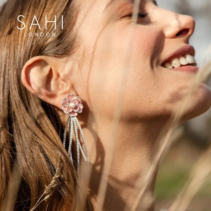 Gold Enameled Camellia Bear Dangling Earrings - SAHI London | Handcrafted Jewellery Handbags & T-shirt Fashion