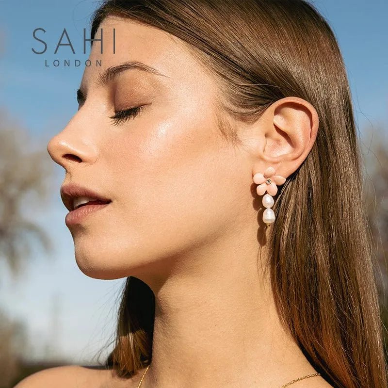 Lilys Peach Flower Pearl Drop Dangle Enamel Earrings - SAHI London | Handcrafted Jewellery Handbags & T-shirt Fashion