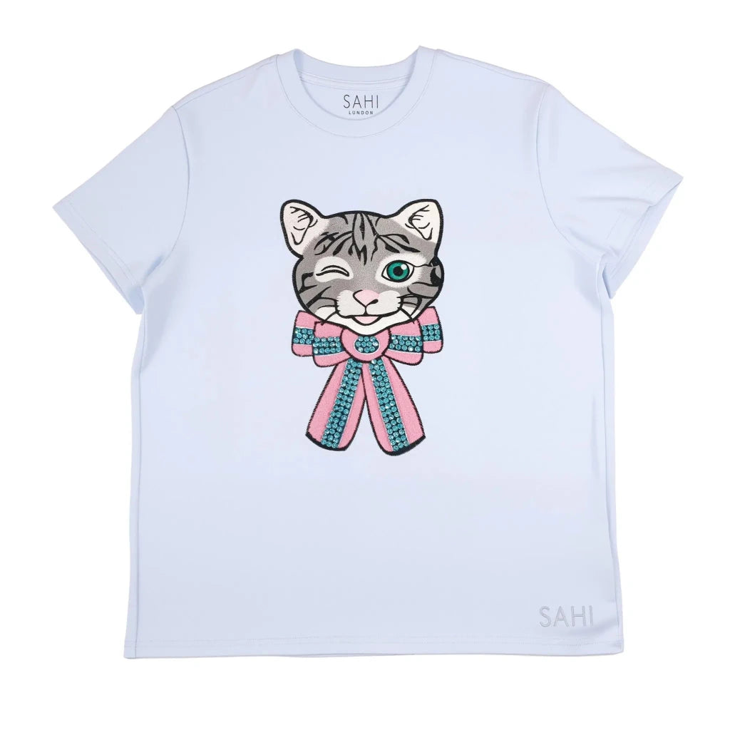 Cotton Cat Printed & Embroidered T-Shirt - SAHI London | Handcrafted Jewellery Handbags & T-shirt Fashion