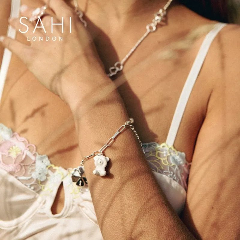 Gold Enameled Pearl Bear Chain Bracelet - SAHI London | Handcrafted Jewellery Handbags & T-shirt Fashion
