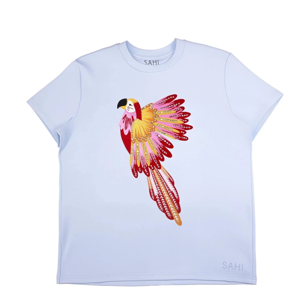 Cotton Embroidered with Beads & Thread Parrot T-Shirt - SAHI London | Handcrafted Jewellery Handbags & T-shirt Fashion