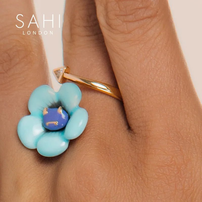 Monster Blue Flower Enamel Adjustable Ring - SAHI London | Handcrafted Jewellery Handbags & T-shirt Fashion