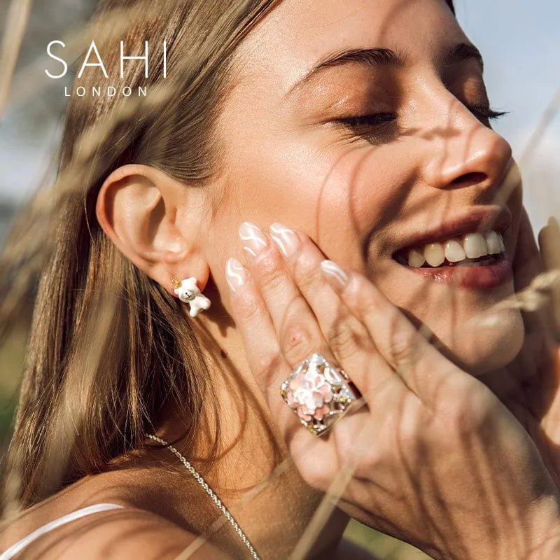 Gold Enameled Camellia Bear Stud Earrings - SAHI London | Handcrafted Jewellery Handbags & T-shirt Fashion