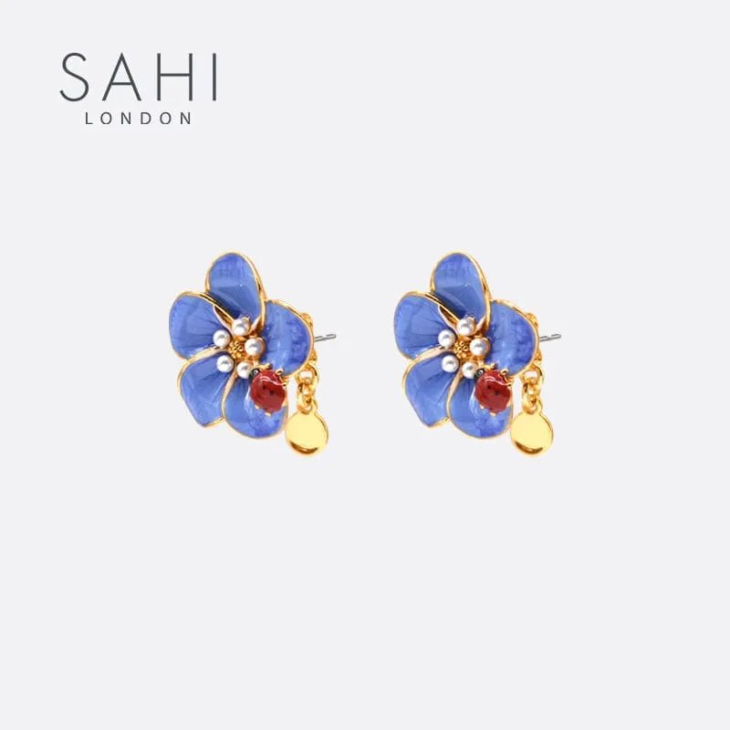 Gold Enameled Flower Small Beetle Stud Earrings - SAHI London | Handcrafted Jewellery Handbags & T-shirt Fashion