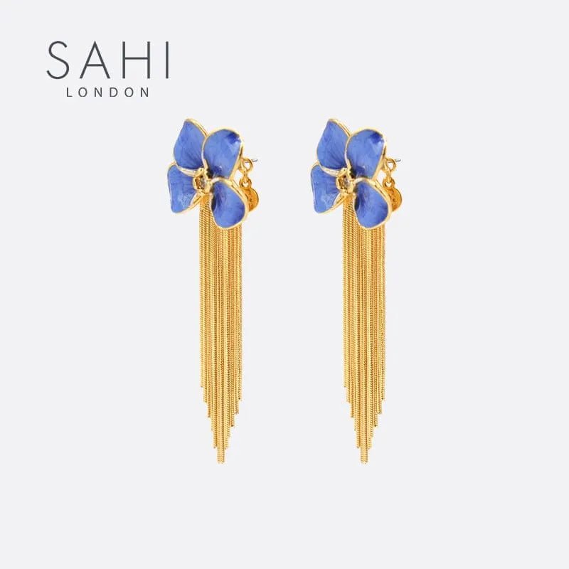 Gold Enameled Flower Blue - Violet Tassels Drop Enamel Earrings - SAHI London | Handcrafted Jewellery Handbags & T-shirt Fashion