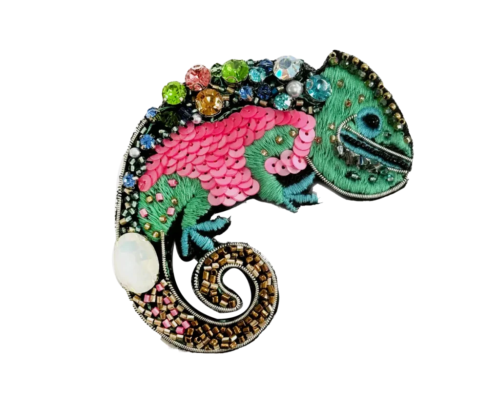 Brooch Hand Emblished with beads and stones Pop Art Multi Color Chameleon - SAHI London | Handcrafted Jewellery Handbags & T-shirt Fashion
