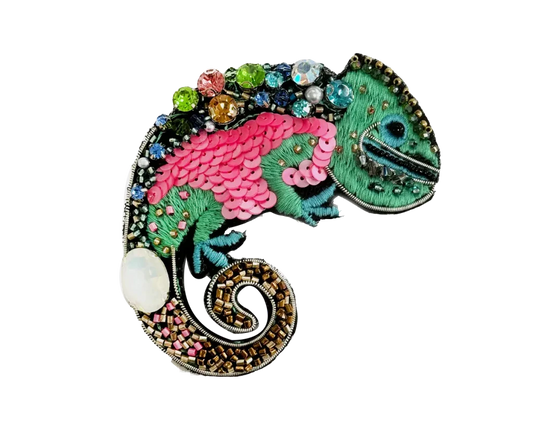 Brooch Hand Emblished with beads and stones Pop Art Multi Color Chameleon - SAHI London | Handcrafted Jewellery Handbags & T-shirt Fashion
