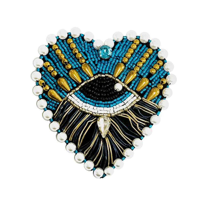 Brooch Hand Emblished with beads and stones Pop Art Turquoise Heart Eye Brooch - SAHI London | Handcrafted Jewellery Handbags & T-shirt Fashion
