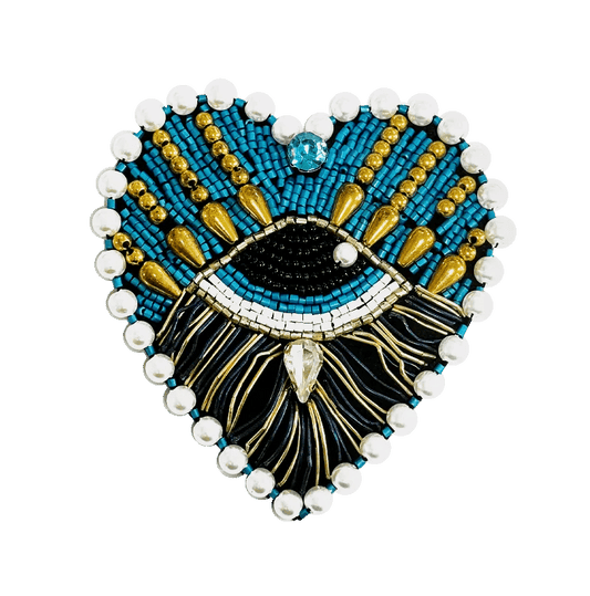 Brooch Hand Emblished with beads and stones Pop Art Turquoise Heart Eye Brooch - SAHI London | Handcrafted Jewellery Handbags & T-shirt Fashion